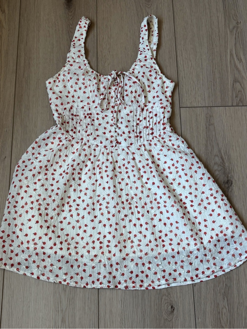 Cream Midi Dress with Red Strawberry Print and Smocked Waist
